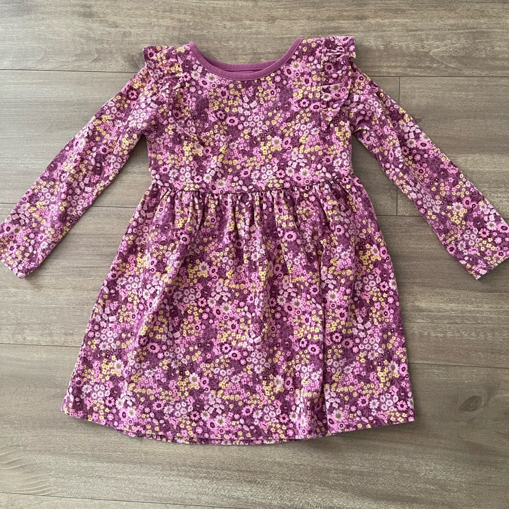 Floral Pink and Purple Ruffle Long Sleeves Toddler Girl Dress Size 4T